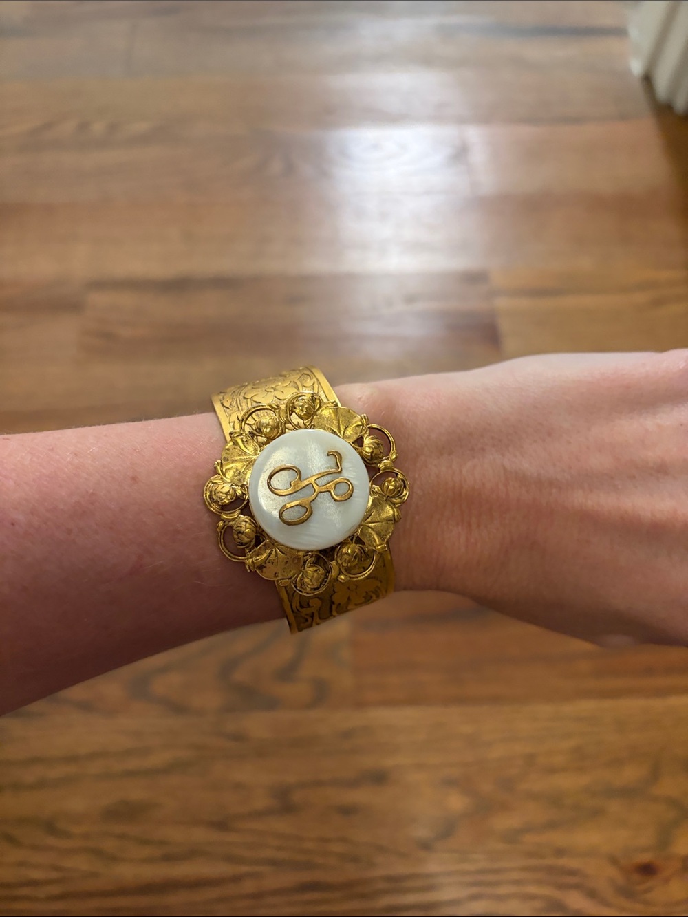 Gold-Tone Filigree Bracelet with White Enamel K Monogram Vintage EUC